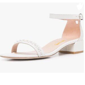 XYD White Pearls Open Toe Strappy Low Block Heel Sandal Ankle Strap with Buckle